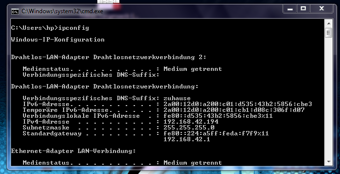 Windows 7 ipconfig Ausgabe
